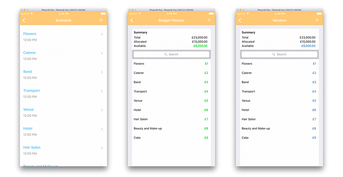 Wedding Planner for iPhone prototype screens